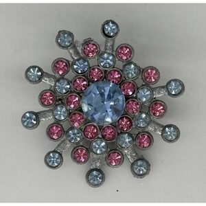 Vintage‎ Prong Set Brooch Pin Snowflake Blue & Pink Rhinestone Silver Tone MCT